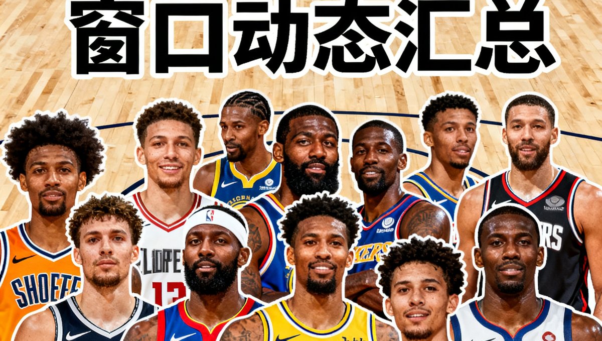 NBA夏季转会窗口动态汇总图，展示多支球队的新援球员头像拼贴，包括多位全明星球员的交易去向，背景为篮球场木地板纹理